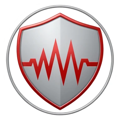 Minimalist medical technology logo. White background. A clean circular shield shape in light gray. Inside the shield — a sharp red signal line forming abstract letters “AI”, resembling a medical alert waveform but not a classic ECG.  sticker