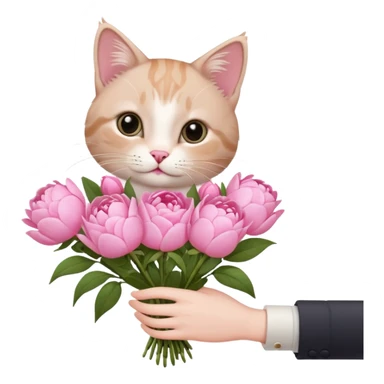 Cute cat Handing pink peonies like reaching a hand and handing them out a bouquet of them with a couquette sticker