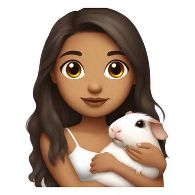 a Latina girl with long dark brown hair and light skin wearing a white tube top shirt snuggling a baby guinea pig sticker