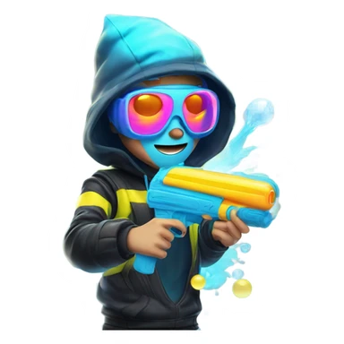 Caucasian boy in glowing rave outfit with mask, sunglasses, and headgear, shooting bubbles out of a water gun sticker