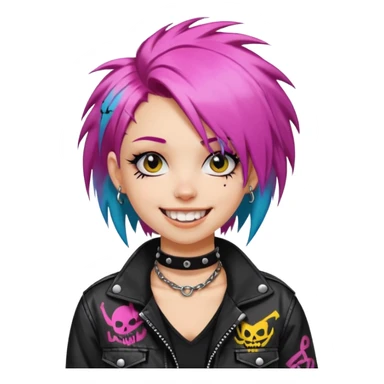 a punk girl with neck-length dyed hair and wear a punk graffiti jacket with black choker grin playfully  sticker