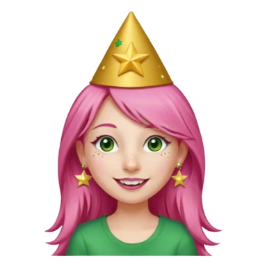 A girl with long pink hair and green eyes with long eyelashes and a smiley face. She has freckles and a lit of bit of pink lipstick on her mouth, she’s also got a full gold birthday party hat on her head with gold pom poms on top of it, and her T-shirt is all red, she wore gold star earrings  sticker