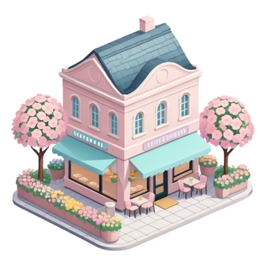isometric exterior little pastel restaurant with abundant florals everywhere sticker