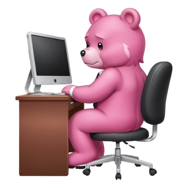 Pink Care bear sad in suit back view, sit on a chair, working on a computer, with a big desk sticker