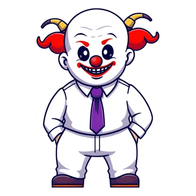 full-body demonic clown in a white leisure suit with bellbottom pants, bald, black ram horns, elevator shoes, flashy belt, ruffled shirt, colorful tie sticker