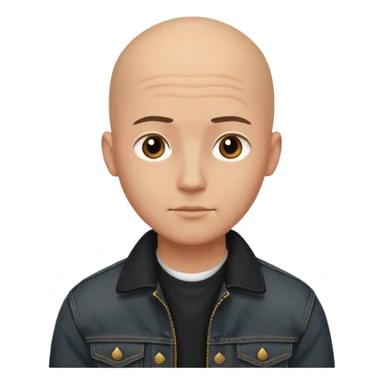  a young man with bald head, black jeans jacket, plain forehead sticker