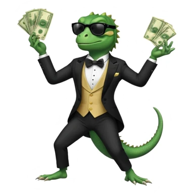 capitalist iguana banker in tuxedo and black sunglasses dancing crazy with money sticker