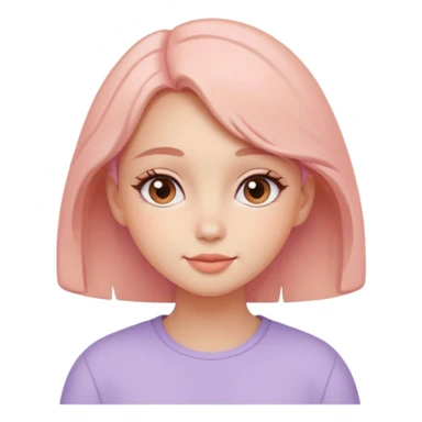 Create a cohesive set of 8 emoji-style icons that represent a kind-hearted, very lovable girl (head-and-shoulders). Requirements: soft, rounded shapes and friendly proportions; warm pastel color palette (peach skin undertone options, blush pink, warm lavender accents);  sticker
