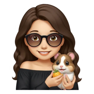 modern emoji of a young woman with light skin, long wavy dark brown hair, black off-shoulder top, friendly smile, warm eyes, pet hamster with tiny sunglasses sitting on her shoulder eating a seed, both happy and playful, pastel background, clean cheerful charming style sticker