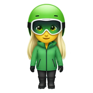 Green-eyed, fat female skier with medium-length straight blonde hair no curls, snow goggles on top of helmet, white ski helmet, gray snow jacket, green ski gloves, long black pants rolled up at the bottom, black only snow boots standing tall. sticker