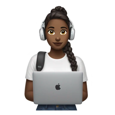 A brunnete girl wearing airpods max and looking at a macbook sticker