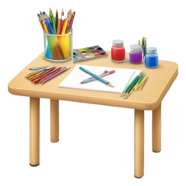 Table with child's drawing and art supplies sticker
