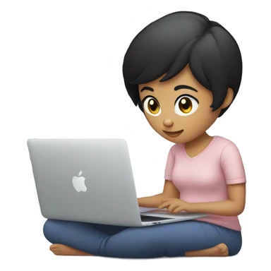 girl with short black hair sitting typing on MacBook and holding iPhone in hand sticker