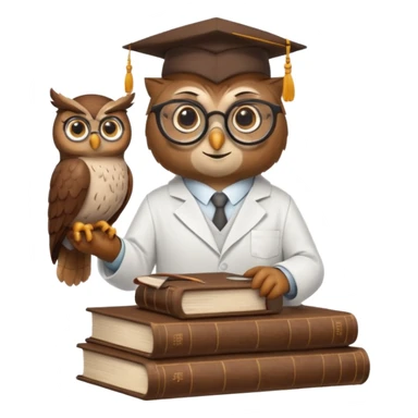 Wise bird with glasses, wearing a lab coat, perched on a stack of books. sticker