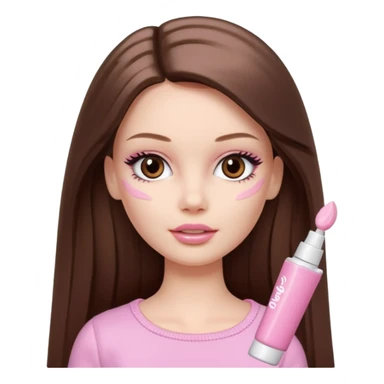 Barbie girl a brown long Straight hair and brown eyes is In pale pink smears by hand cosmetic cream on her face sticker