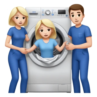 Eine Frau mit dem in der Waschmaschine feststeckt und zwei Männer die hinten an ihr ziehen um ihr zu helfen  sticker