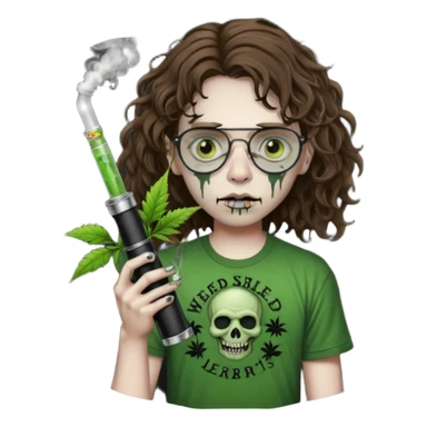 brown wavy haired zombie getting stoned with weed t shirt and bong on his hand and wearing black chrome hearts bifocals sticker