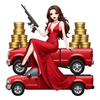 Lilith symbol red eye seductress evil long brown haired sexy succubus woman. Wearing Chanel  long dress with slit, sitting on top of a  giant lifted F350 pickup truck. Black Platform heels on feet. Back of truck full of stacks of cash, sitting behind her is  a human skull with a gun in other hand sticker