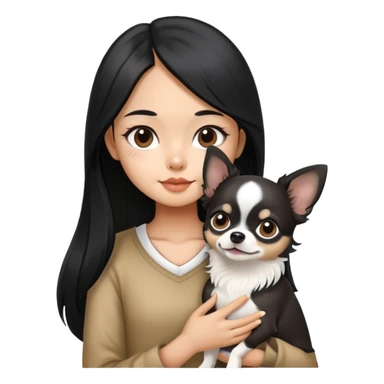 Thai girl with long black hair holding a black and white Chihuahua dog sticker