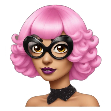 Drag Queen wearing pink wig and extravagant makeup with a black pug dog sticker