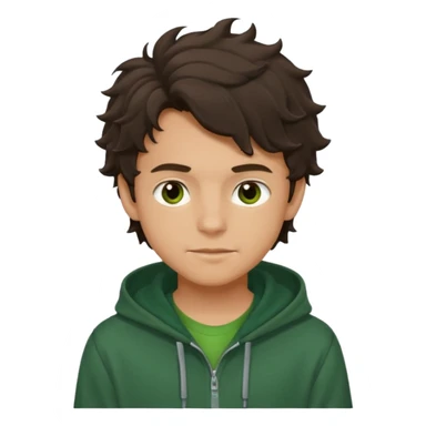 a 14 year old slightly tanned teenage boy with dark brown tousled wavy hair, dark brown eyes wearing a green tshirt, with a dark green hoodie overcoat. smirking sticker