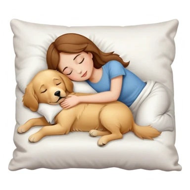 girl with brown hair sleep with white pillow, and hug with a golden retriever sticker