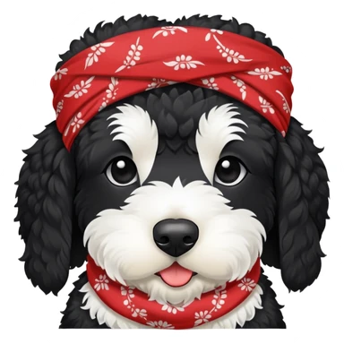 Black bernadoodle with white around mouth and big white eyebrows with bandana around neck sticker