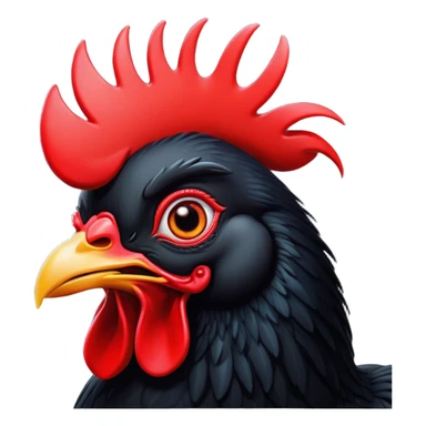 Cinematic Comical Black Rooster Portrait Emoji, Head tilted dramatically with an exaggeratedly shocked or amused expression, featuring a striking pure black plumage with a bold red comb, wide, expressive eyes filled with playful disbelief, Simplified yet hilariously expressive features, highly detailed, glowing with a slightly sassy glow, high shine, dramatic yet playful, stylized with an air of cheeky mischief, bright and endearing, soft glowing outline, capturing the essence of a spirited and over-the-top rooster, so meme-worthy it feels like it could crow its way into internet fame instantly! sticker