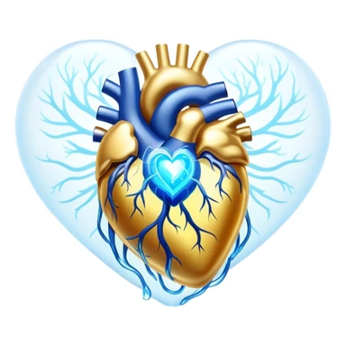 Golden omega-3 fish oil capsule with ethereal blue glowing aura connecting to a translucent heart and brain, showing energy flowing between them, with soft light waves sticker