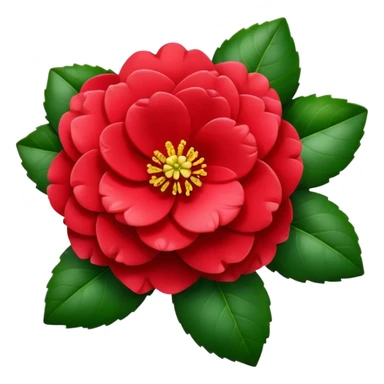 Beautiful red camellia flower with layered petals and glossy green leaves sticker