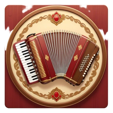 Create a warm and authentic humanless emoji representing folk singing. The design should feature a traditional folk microphone at the center, surrounded by classic instruments such as a bayan (button accordion), gusli (a traditional Russian zither), and a tambourine. Arrange these instruments in a harmonious, circular pattern to evoke a sense of folk music and community performance. Use natural, earthy colors like wood brown, deep red, and golden accents to reflect the rustic and heartfelt spirit of folk music. Add subtle musical notes to the background to convey the rhythm and harmony of the performance. The background should be transparent. sticker