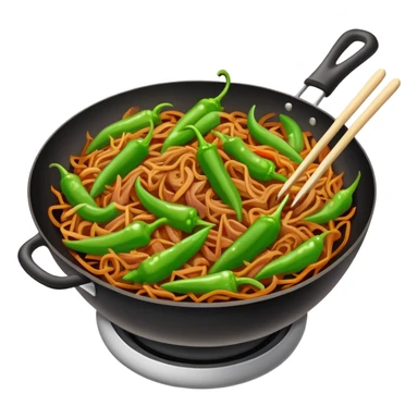 Green Pepper with Shredded Pork in wok, simplified emoji style with bold outlines and bright colors, cartoon style Qing Jiao Rou Si homestyle dish sticker