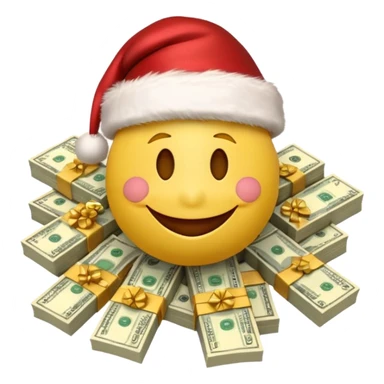 A festive 3D emoji style yellow smiley face wearing a Santa hat, surrounded by stacks of cash and dollar bills, joyful expression, Christmas and New Year theme, high quality, clean design, studio lighting, no text, no background, isolated object, transparent background, emojis.com style sticker