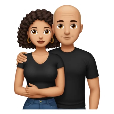 A picture of a tanned couple with the man's arm around her. the man is a Mexican man with tanned skin, a bald hair cut, short beard and wearing a black shirt. the woman is mixed, with curly dark brown hair and with big boobs  sticker
