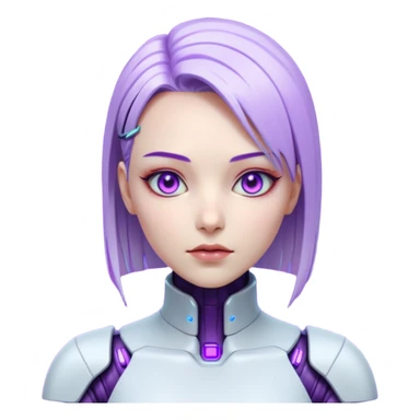 Cyberpunk female android, perfect porcelain skin, glowing artificial eyes, visible faint seams on neck, sleek metallic hair, expressionless, vibrant violet lighting sticker