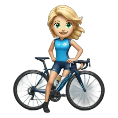 small blonde woman cyclist with brown eyes, very smiling, with dark blue outfit and sky blue infinity logo as sponsor sticker
