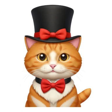 Cute emoji-style orange tabby cat wearing a black top hat with a red band and a red bow tie, big round eyes, fluffy fur, clean mascot style, centered, transparent background, 1:1 ratio. sticker