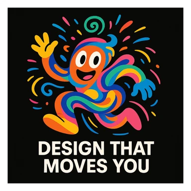 playful abstract mascot for a black website, energetic and imaginative, with swirling shapes and motion lines to show thinking and movement, bright and bold color palette, for a creative tech portfolio, includes the tagline 'Design That Moves You' sticker