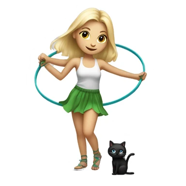 Blonde girl with hula hoop dancing with a small black and white cat sticker