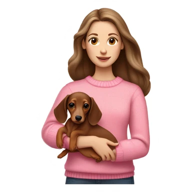 Brunette white girl with long hair in a pink sweater holds a brown and cream dachshund long haired puppy in her arms sticker