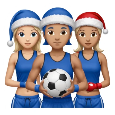 crie a imagem de 3 atletas, um homem no meio e duas mulheres, de modalidades esportivas diferentes, usando elementos esportivos, como por exemplo bola de futebol, luvas de luta e bola de vôlei... e usando um chápeu de papai noel das cores verde e azul e roupas azul sticker