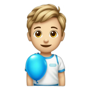 Un bambino in una culla con il fiocco azzurro e intorno tanti palloncini azzurri e una scritta MotiArt sticker