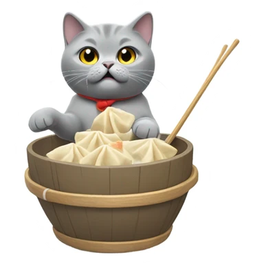Gray British shorthair cat skiing down a mountain eating dumplings sticker