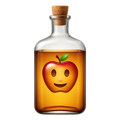 sturdy glass bottle with squared shoulders and a short neck, filled with rich amber-brown liquid, slightly tinted glass showing depth of color inside, capped with a cork or dark metal top, no label, sealed bottle, apple emoji style, soft lighting, subtle shadows, transparent background, emoji scale sticker