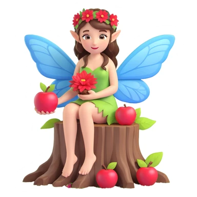 A fairy with wings, sitting on a tree stump in a forest, holding a red apple, with a red flower in her hair, in a 3D iOS style. The scene is illuminated by hanging lanterns and surrounded by lush green foliage. sticker
