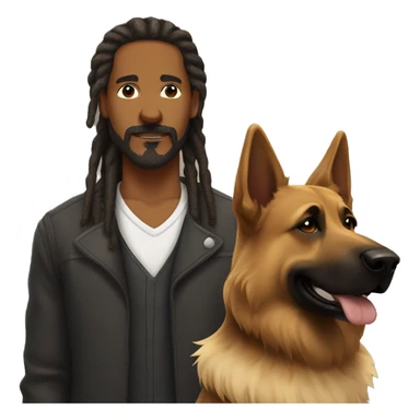 man with dreadlocks, mustache and goatee alongside a brindle colored german shepherd dog sticker