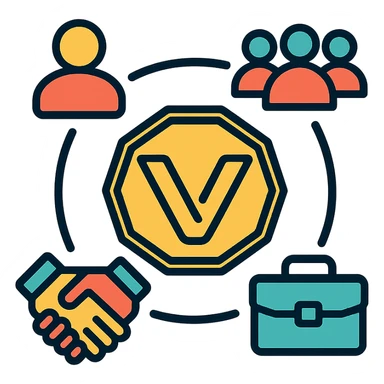 minimalistic abstract logo with orange-yellow palette, Volio logo at center, surrounded by symbolic HR icons person, group, handshake, briefcase, futuristic tech-style, high contrast on white, clean professional sticker