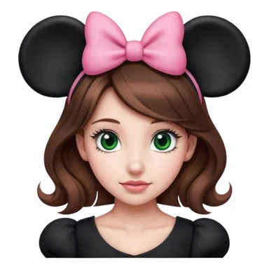 Brown hair girl with green eyes wearing black Minnie Mouse ears with a pink bow sticker