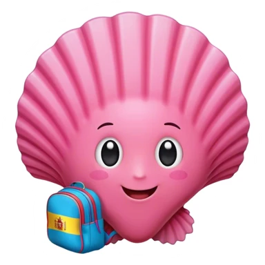Create an emoji of a pink scallop shell wearing a backpack with a Spanish flag attached. The shell should have a friendly and adventurous expression, symbolizing travel and pilgrimage. Use vibrant colors with clear details, ensuring the Spanish flag is visibly waving from the backpack. The overall design should be cute, colorful, and suitable for use as an emoji. sticker
