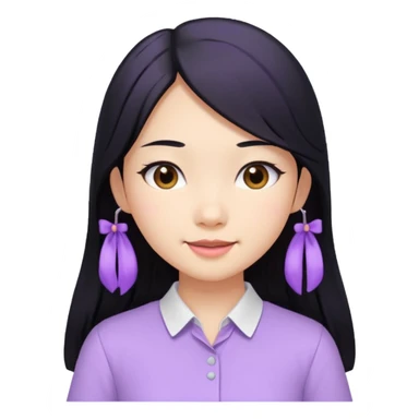 Asian girl, long black hair, lilac bando, white shirt, cheerful sticker